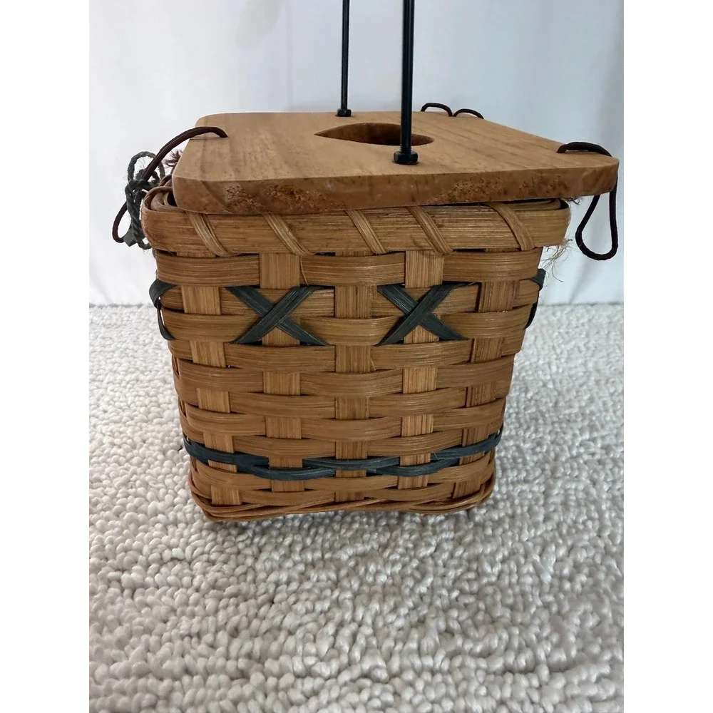 Vintage Rustic Woven Square Kleenex Basket with Wood Heart Lid and Metal Handle